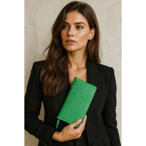 Kate Spade New York Wallet Green Ostrich Embossed Leather Card Holder